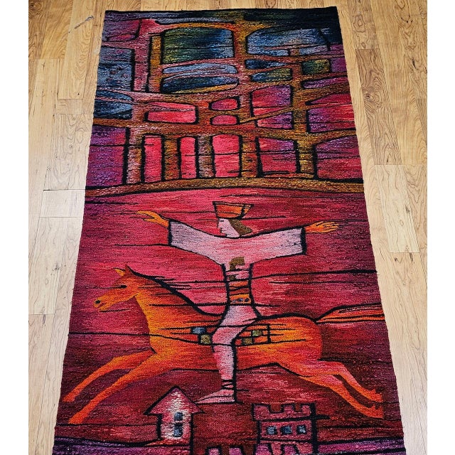 French Country Vintage Mid-Century Tapestry, Handwoven Wool, Folkloric Rider Design, 40" X 86" For Sale - Image 3 of 15