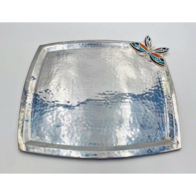 1980s Emilia Castillo Silverplated Butterfly Tray With Stone Inlay, Taxco For Sale - Image 5 of 16