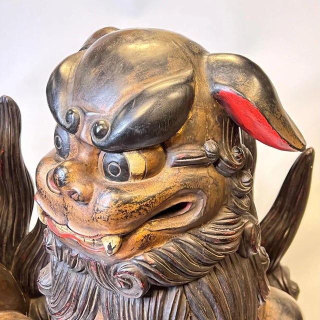 Very Large Chinese or Japanese Carved Wooden Fu Lions - A Pair For Sale - Image 11 of 12