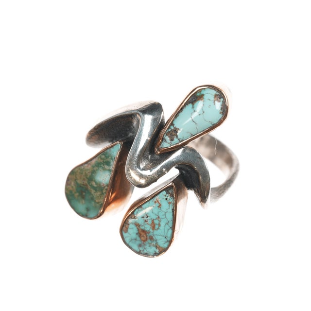 Contemporary Sz6 Barbaros Yasar Bora Sterling turquoise freeform ring For Sale - Image 3 of 10