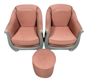 Art Deco Wingback Chairs and Pouf in Lacquered Wood, Set of 3