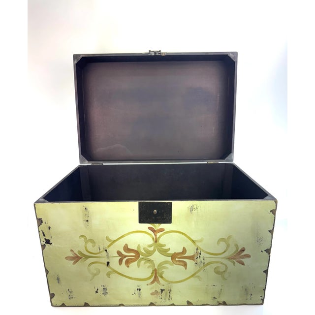 Vintage Distressed Hand-Painted Italian Style Storage Trunk With Floral Scrollwork and Brass Hardware For Sale - Image 13 of 17