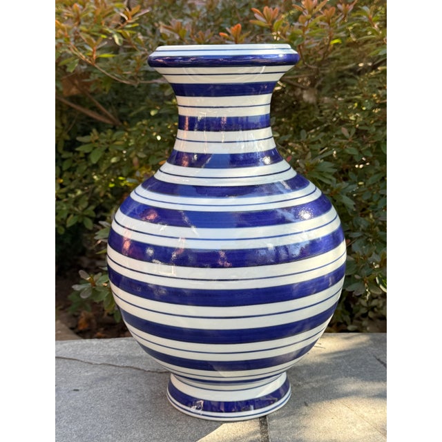 2000 - 2009 Large Contemporary Blue and White Striped Porcelain Vase For Sale - Image 5 of 8
