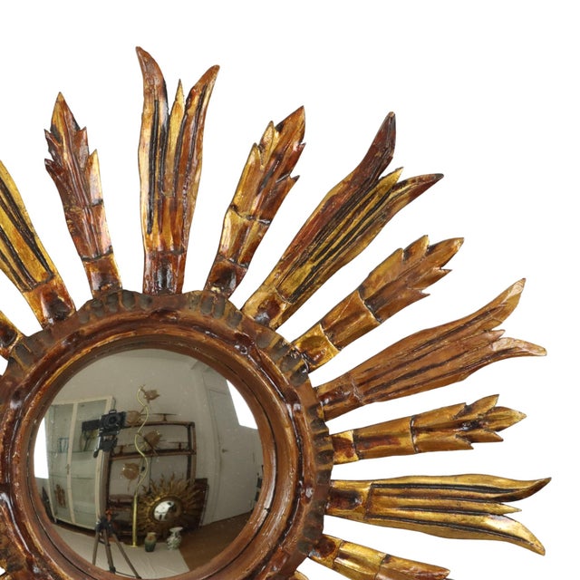 Vintage Wooden Sun Mirror in Sunburst Gold, 1950s For Sale - Image 4 of 15