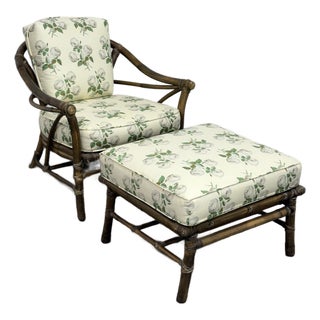 McGuire Furniture Bamboo Chair + Ottoman, Circa 1970s For Sale