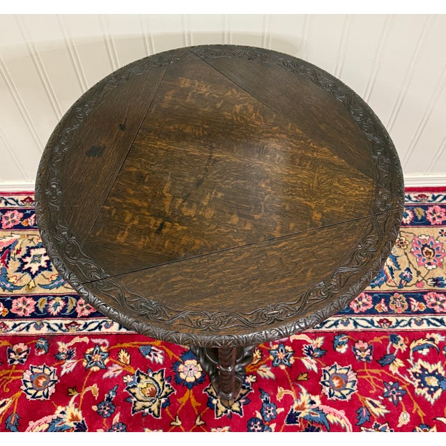 Antique English Envelope Barley Twist Drop Leaf Side Table Carved Oak C. 1900 For Sale - Image 14 of 16