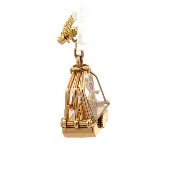 Diamond & Gems 18k Rose Gold Bird Cage Dangle Watch Fob Brooch For Sale In Miami - Image 6 of 7