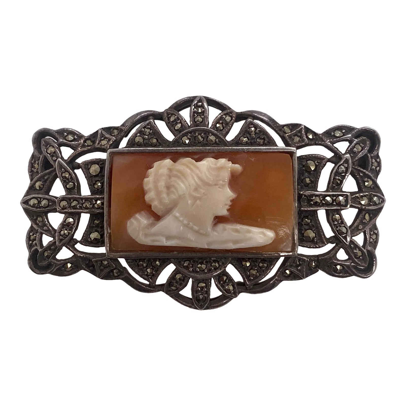 1920s Art Deco Sterling Marcasite & Carved Shell Cameo Brooch | Chairish
