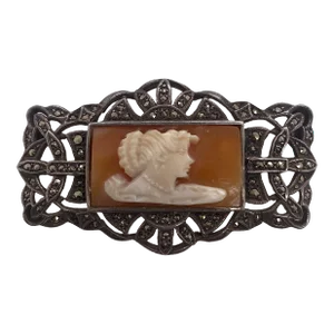 1920s Art Deco Sterling Marcasite & Carved Shell Cameo Brooch