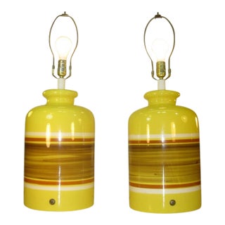 Vintage Mid Century Modern Ceramic Art Pottery Retro Yellow Large Table Lamps - a Pair For Sale