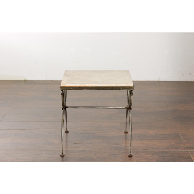 Midcentury French Steel Side Table with Marble Top and Scrolling Supports For Sale In Atlanta - Image 6 of 12