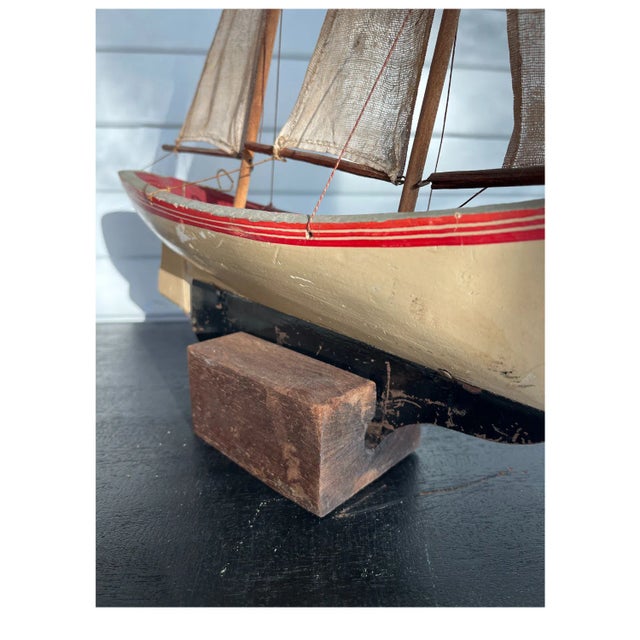 Ecru Antique Hand-Carved Wooden Ship Model With Linen Sails, Folk Art For Sale - Image 8 of 13