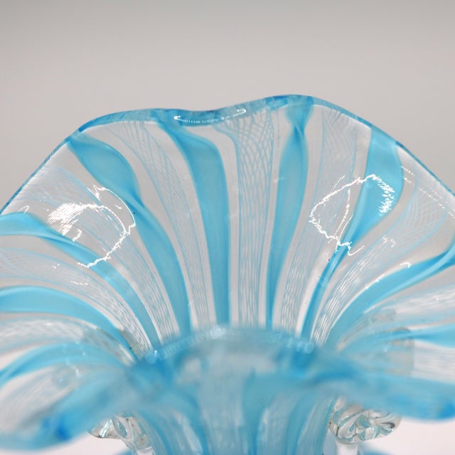 Sky Blue Mid-Century Murano Twin-Handled Latticino Art Glass Vase - Circa 1950s For Sale - Image 8 of 11