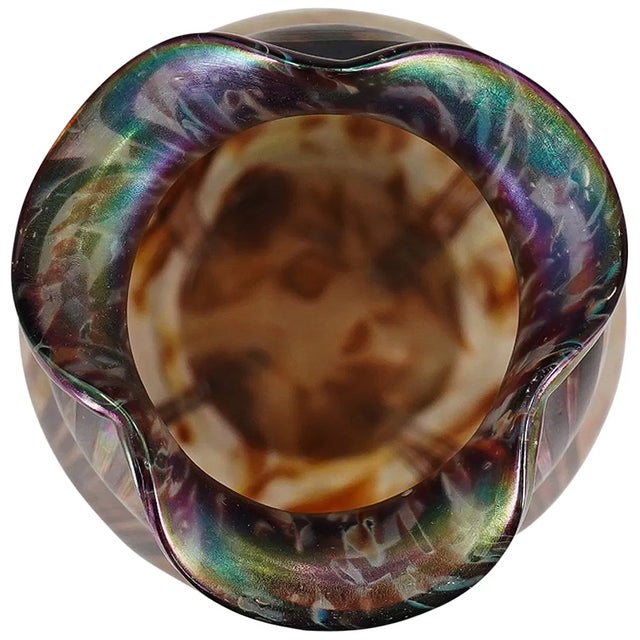 Striking antique Bohemian Art Nouveau glass vase dating to circa 1900, featuring richly iridescent glass in shifting tones...