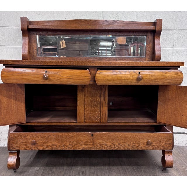 Brown Antique Stout Furniture Co Tiger Oak Server Sideboard Buffet With Mirror For Sale - Image 8 of 13