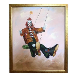 Late 20th Century Oil Painting Clown on Swing Signed L. Angeli Colorful Figurative Art Circus For Sale