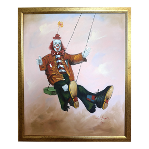 Late 20th Century Oil Painting Clown on Swing Signed L. Angeli Colorful Figurative Art Circus