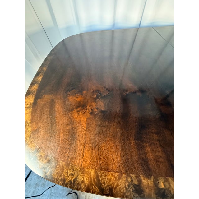 Mid 20th Century Mid 20th Century Hollywood Regency Burlwood Table 72 Inch With 2 X 20 Inch Leaf Extensions For Sale - Image 5 of 12
