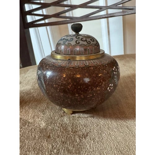 Metal Antique Late Meiji Period Japanese Cloisonne Enamel and Brass Censor or Koro For Sale - Image 7 of 11