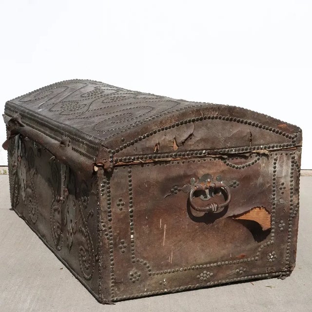 18th Century Portuguese Baroque Leather Studded Dome-Top Coffer Trunk For Sale - Image 11 of 13