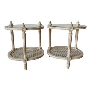 Pair of Vintage French Louis XVI Style Two - Tier Side Tables With Caning Top For Sale