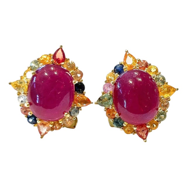 Bochic “Capri” Vintage Ruby & Multi Pastel Tourmaline Earrings Set In 18K Gold & Silver For Sale