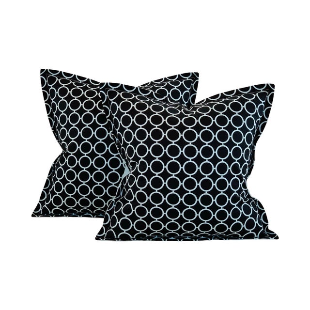 Designer Vicki Payne Free Spirit Aqua & Black Circle Geometric Rings Pillow Covers- 17" Pair For Sale In Jacksonville, FL - Image 6 of 6