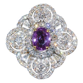 GIA Certified Natural 5.3CTS VS F Diamond Purplish Pink Sapphire 18K Solid Gold Ring, size 7.5 For Sale