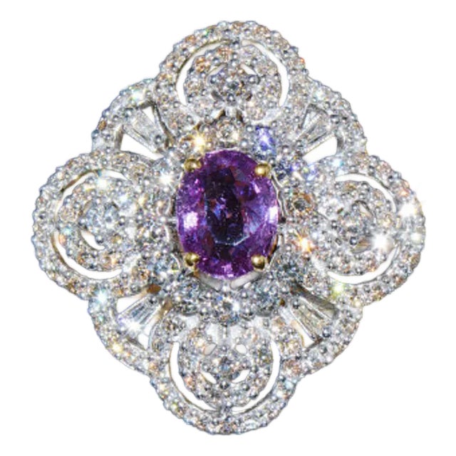 GIA Certified Natural 5.3CTS VS F Diamond Purplish Pink Sapphire 18K Solid Gold Ring, size 7.5 For Sale