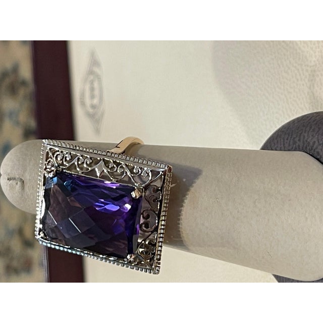 13.5 Carat Checker Board Amethyst Filigree Cocktail Ring in 14 Karat Yellow Gold For Sale - Image 12 of 18