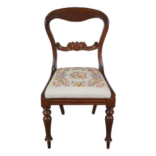 Early 1900s Antique Late Victorian Balloon Back Mahogany Side Chair Rose Needlepoint Seat For Sale