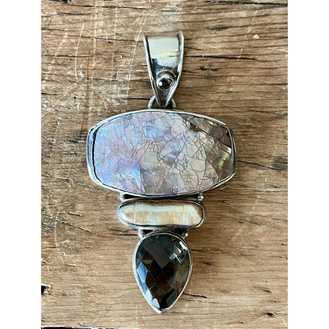 Mid-Century Modern Vintage Boho Smokey Quartz & Mother of Pearl Pendant For Sale - Image 3 of 12