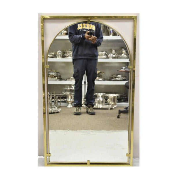 Mid 20th Century John Stuart Hollywood Regency Brass Frame Arched Glass Modernist Wall Mirror For Sale - Image 12 of 12