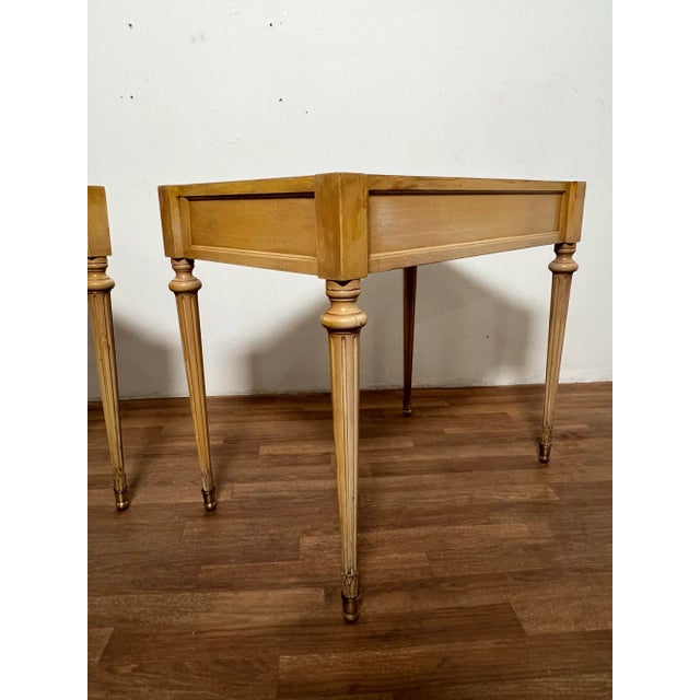 C. 1950s F & G Furniture Louis XVI Style Side Tables With Leather Tops - a Pair For Sale - Image 10 of 12