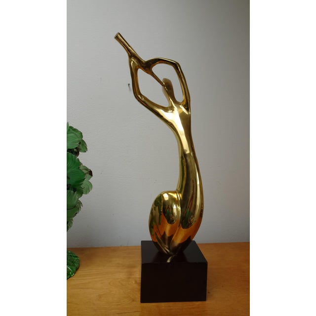 Large Abstract Brass Flute Player Sculpture on Wooden Base, 1970s For Sale - Image 10 of 11