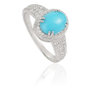 Statement 1.47 Carat Turquoise & Diamond Halo Cocktail Ring Size 6.5 in 14k White Gold For Sale
