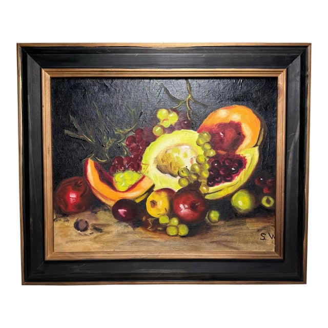 Mid Century Fruit Still Life Realism Framed Original Oil Painting on Canvas, Black, Gold, Orange, Chartreuse For Sale
