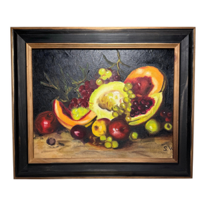 Mid Century Fruit Still Life Realism Framed Original Oil Painting on Canvas, Black, Gold, Orange, Chartreuse