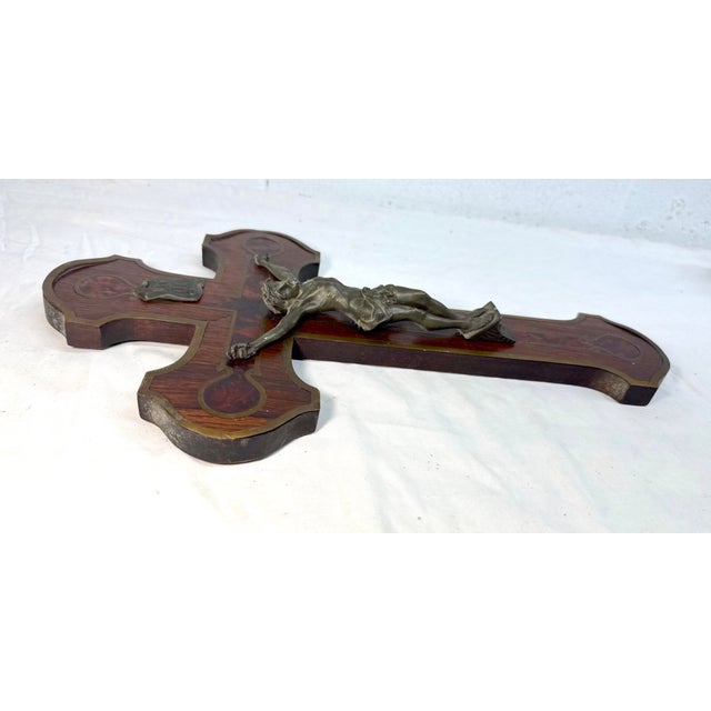 Bronze Antique 1800's French Bronze Patinated Metal Inlaid Wood Wall Crucifix Cross For Sale - Image 8 of 12