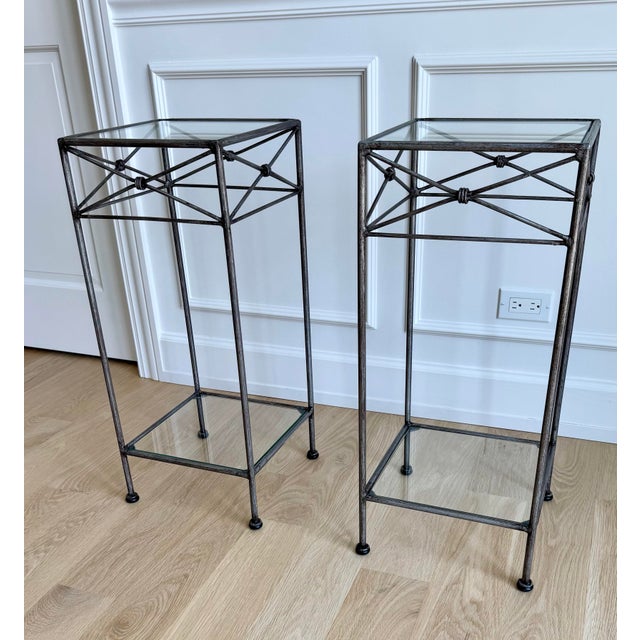 Silver Pair of Vintage Silvered Iron Neoclassical Pedestals / Side Tables / Plant Stands For Sale - Image 8 of 10