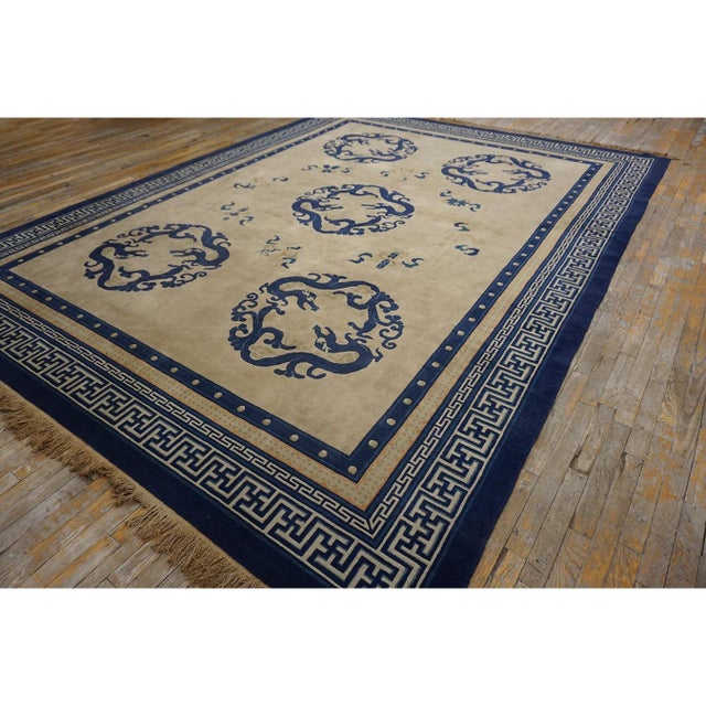 1920s Antique Chinese Medallion Dragon Ivory Room Size Wool Peking Knotted Rug For Sale - Image 11 of 11