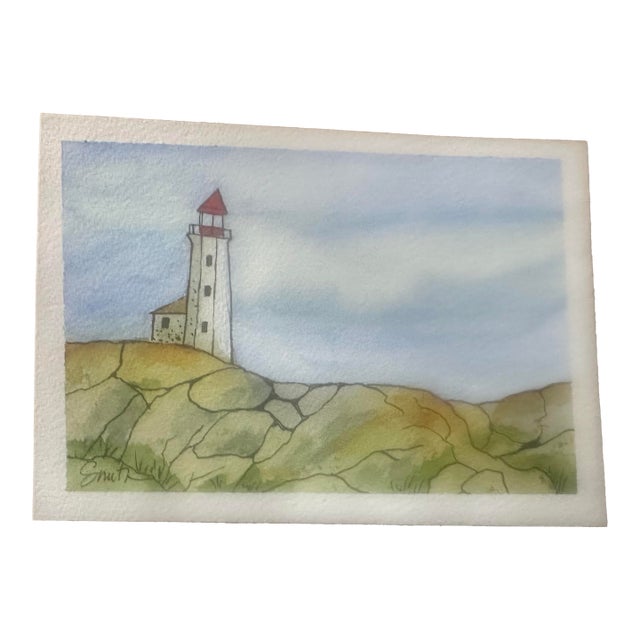 “Coastal Beacon” Signed Original Watercolor Seascape by Nancy Smith For Sale