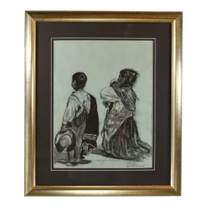 Mid 20th Century Charcoal Drawing South American Figures