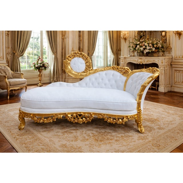 1970s French Louis XVI–Style Chaise Lounge – Gilt Beech & White Leather This refined French Louis XVI–style chaise lounge,...