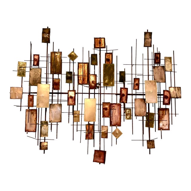 Vintage 70's Brutalist Metal Cityscape Sculpture Wall Hanging 45" W X 36" T For Sale