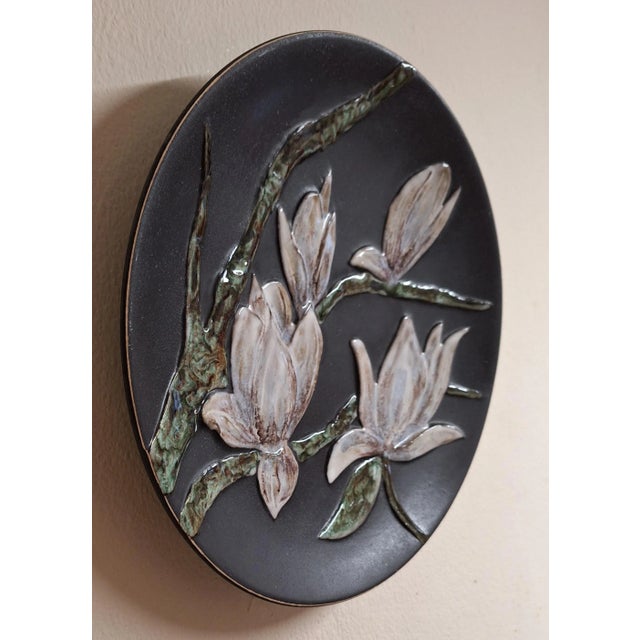 German Wall Plate in Ceramic with Glazed Colored Magnolia Blossoms, 1970s For Sale - Image 3 of 4