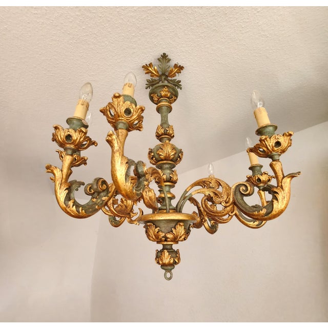 Large Vintage Louis XV Rococo Baroque Florentine Wood Carved Floral Chandelier, 1920s For Sale - Image 10 of 18