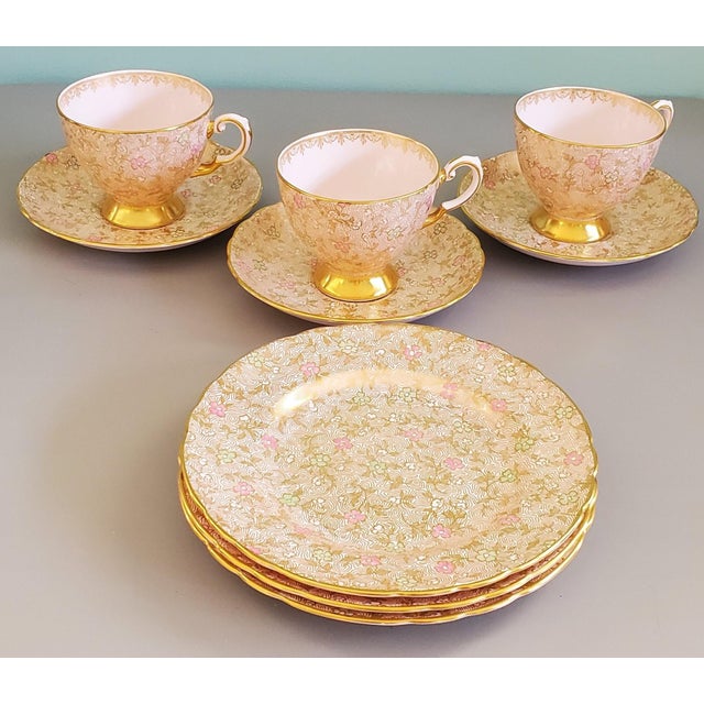 1940s English Gold Embellished Cups, Saucers & Plates Set 9 Pieces