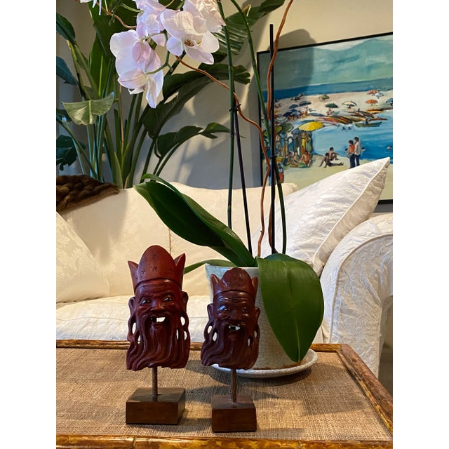 Tribal Hand Carved Wooden Masks on Wood Stand - a Pair For Sale - Image 3 of 12