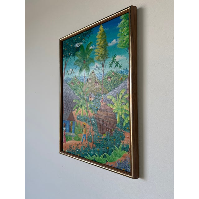 Folk Art Vintage Michelet Haitian Folk Art Tropical Village Scene Landscape Oil Painting – Framed For Sale - Image 3 of 16
